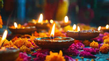 Oil lamps lit on colorful rangoli during diwali celebration, copy-space with generative ai