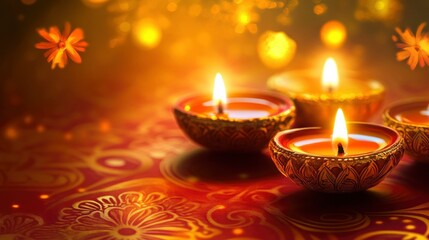 Oil lamps lit on colorful rangoli during diwali celebration, copy-space with generative ai