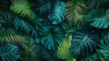 Fototapeta premium Group background of dark green tropical leaves ( monstera, palm, coconut leaf, fern, palm leaf,bananaleaf) Panorama background. concept of nature , ai