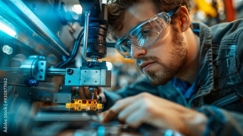 Poster a determined engineer wearing safety goggles, operating a cnc machine with precision, a 3d printed m