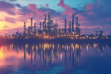 Obraz premium Refinery plant at twilight with reflection in water, 3d render. Oil refinery plant for crude oil industry in evening twilight, with generative ai