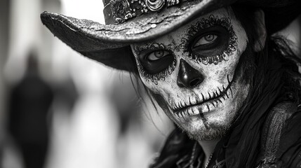Naklejka premium man in a skull costume wearing a hat