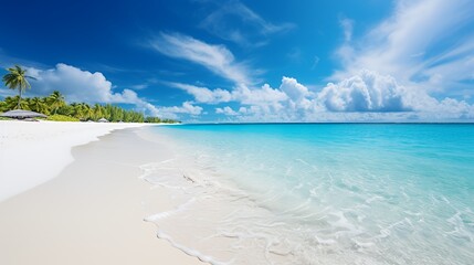 A pristine white sandy beach stretches along a crystal-clear turquoise ocean under a bright blue sky with fluffy white clouds. The scene is tranquil and inviting, with palm trees lining the shore.