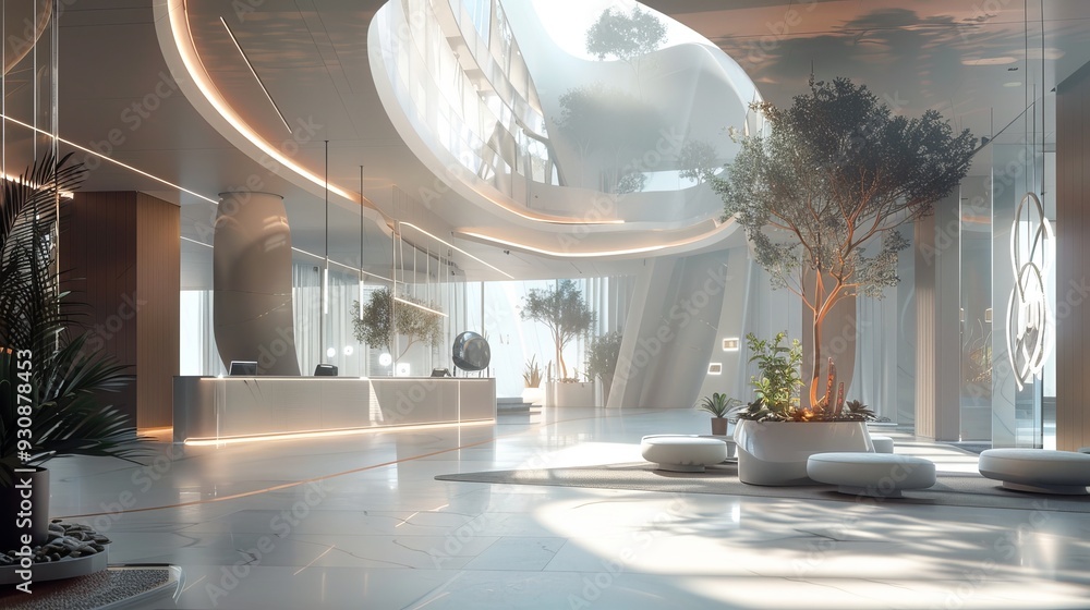 Poster high end hotel lobby with futuristic robotics and elegant minimalist design