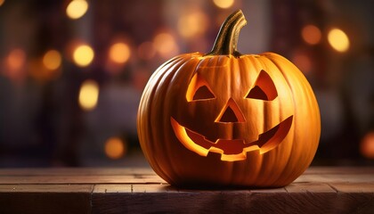 Fototapeta premium Carved Halloween Pumpkin with Warm Lighting