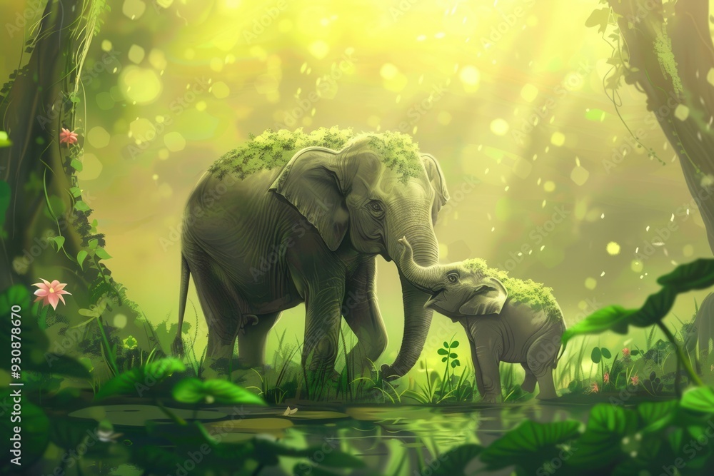Poster a mother elephant affectionately nuzzles her calf in a vibrant jungle, surrounded by lush greenery a
