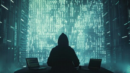 A silhouette of a hacker in a hoodie intently works on a computer, illuminated by green matrix-style code on a large display. Generative AI
