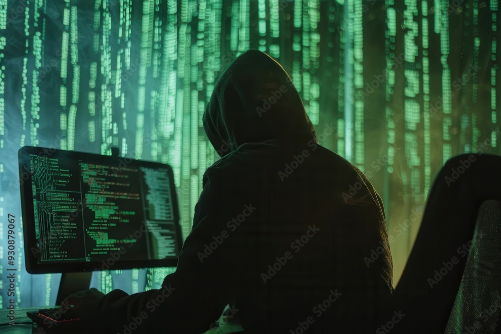 Aufkleber a figure in a hoodie types on a computer, surrounded by a large screen glowing with green, matrix-li