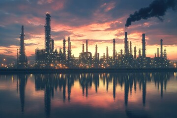 Fototapeta premium Refinery plant at twilight with reflection in water, 3d render. Oil refinery plant for crude oil industry in evening twilight, with generative ai