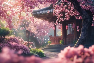 Sakura blossom in the garden with japanese style building background. Cherry blossoms in spring, Japan. Cherry blossoms in full bloom in the spring with generative ai