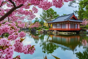 Obraz premium Sakura blossom in the garden with japanese style building background. Cherry blossoms in spring, Japan. Cherry blossoms in full bloom in the spring with generative ai