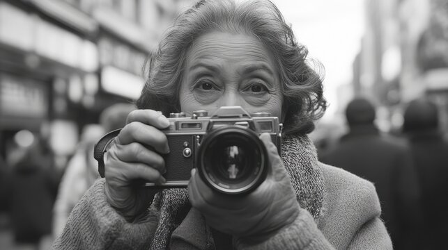 elderly woman taking photos using an old camera