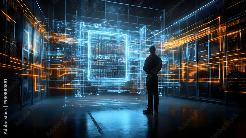 Poster a man in a dark room with glowing lines of data in front of him.