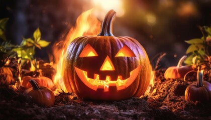 Naklejka premium Spooky Halloween Pumpkin with Glowing Face