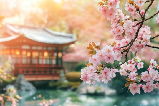 Sakura blossom in the garden with japanese style building background. Cherry blossoms in spring, Japan. Cherry blossoms in full bloom in the spring with generative ai - Powered by Adobe