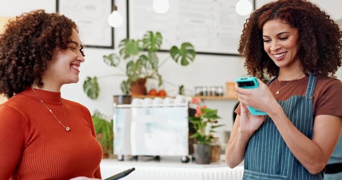 Phone, woman and mobile payment in cafe for machine and financial transaction with banking account. Smartphone, customer and waiter at pos in store with fintech for sale, food or nfc tap as exchange