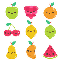 A set of cute fruits with kawaii eyes. Flat vector illustration of cute fruits on a white background.