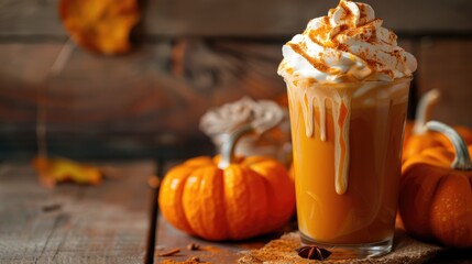 Pumpkin latte with whipped cream and spices on wooden surface with pumpkins blank space