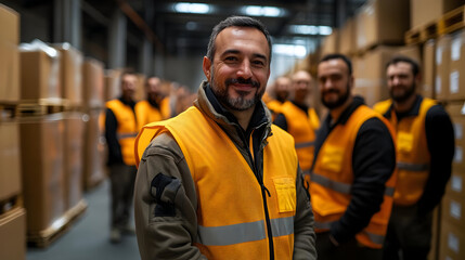Fototapeta premium A worker in a warehouse with safety vest smiles.