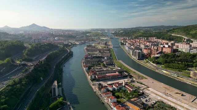 Aerial view of Zorrotzaurre, Bilbao's Little Manhattan, where urban charm meets modernity.