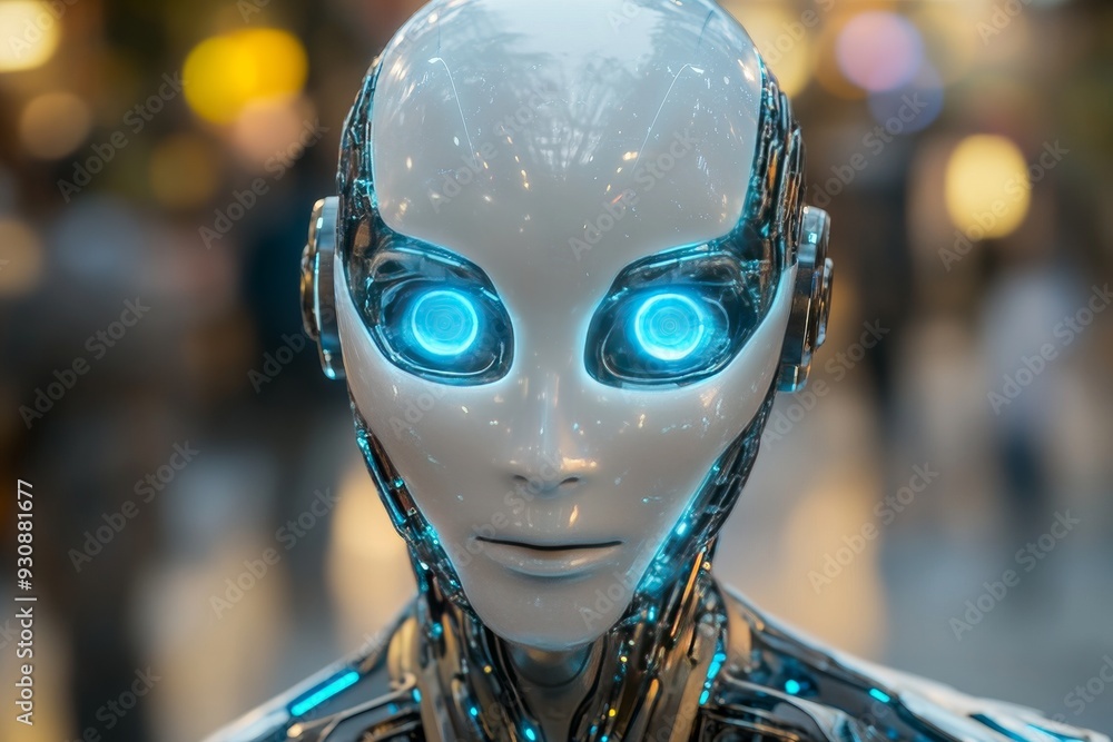 Poster close up of a female android with intricate design and advanced technology