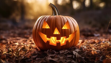 Glowing Jack-o'-Lantern on Autumn Leaves