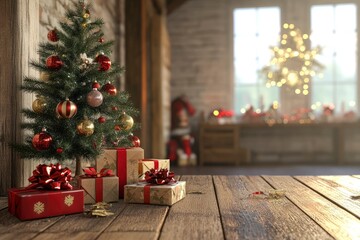 3D render Christmas background with gift boxes and christmas tree. Christmas tree with gift boxes on wooden table with generative ai