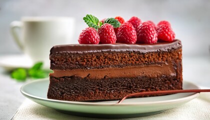 a slice of chocolate cake with raspberries on top