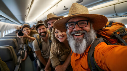 Group of friends taking selfie on airplane, excited for adventure.