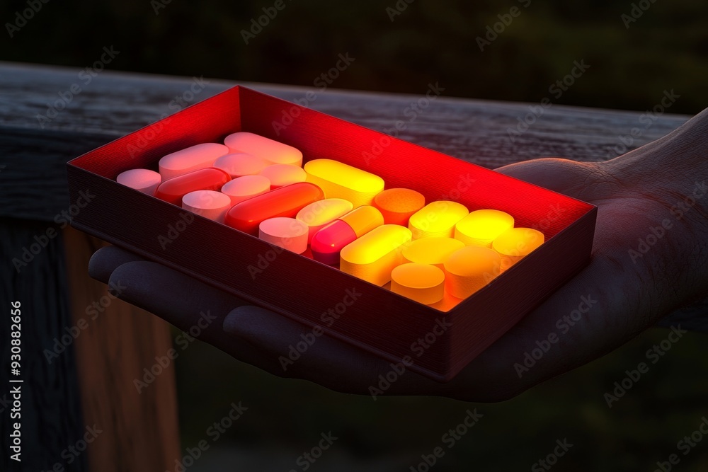 Poster brightly colored pills arranged in a dark setting symbolizing the intersection of technology and pha