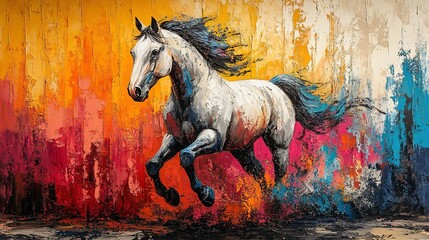 Fototapeta premium Abstract Oil Painting of a White Horse Running Through a Multicolored Landscape