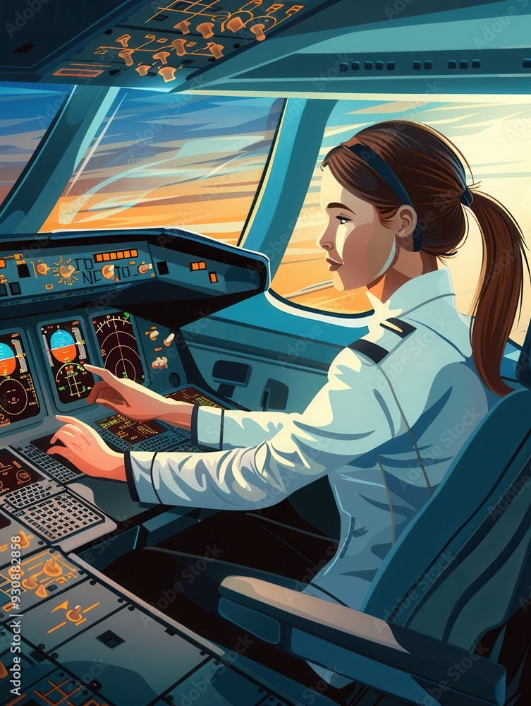 Poster a flight attendant operates the cockpit controls while the sun sets, casting beautiful colors across