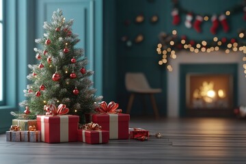 3D render Christmas background with gift boxes and christmas tree. Christmas tree with gift boxes on wooden table with generative ai