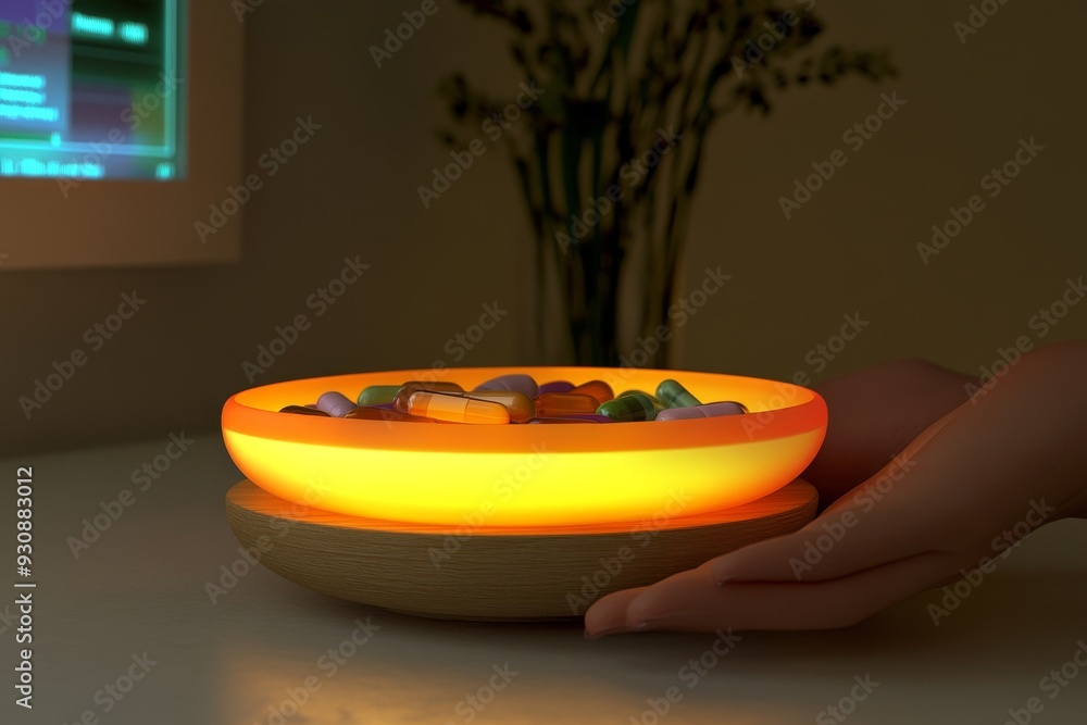 Poster futuristic smart home device glowing in the dark seamlessly integrating advanced technology into eve