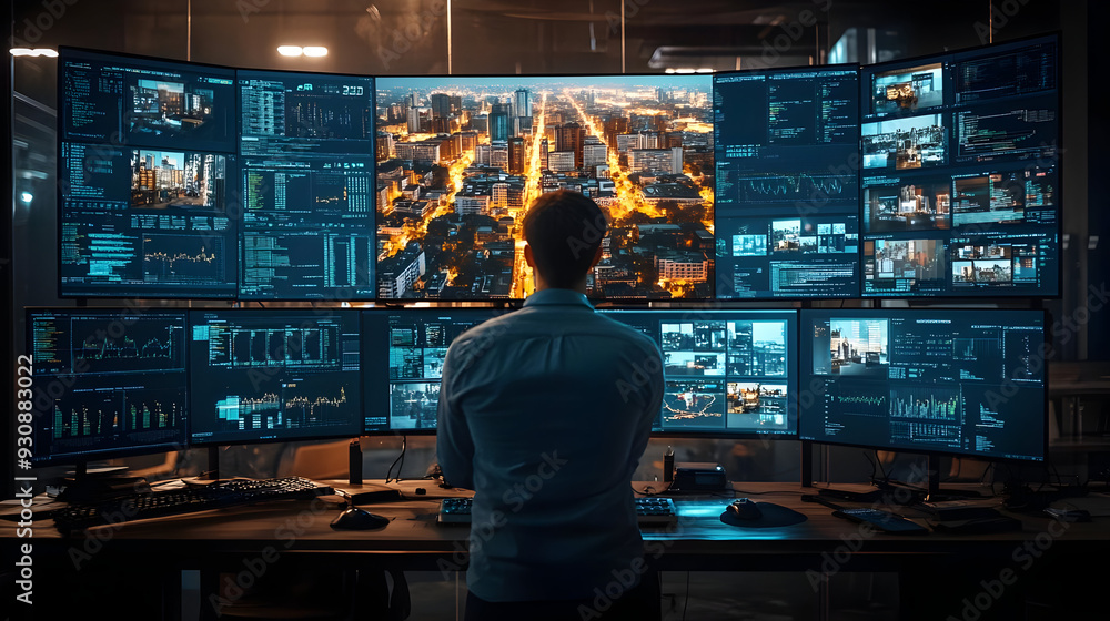 Poster man standing in front of multiple computer screens with a night city view.