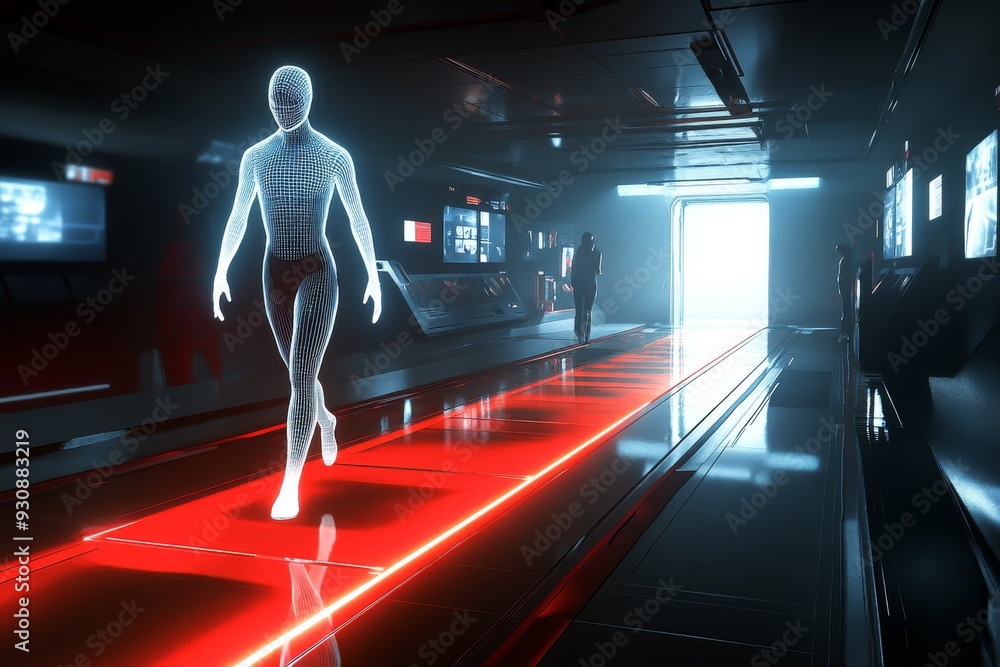Poster virtual humanoid figure walking on a glowing path in a high tech environment symbolizing digital pro