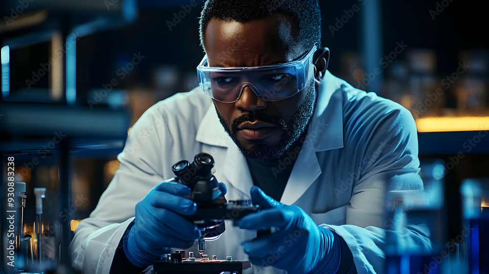 Poster scientist in lab coat and gloves using a microscope.