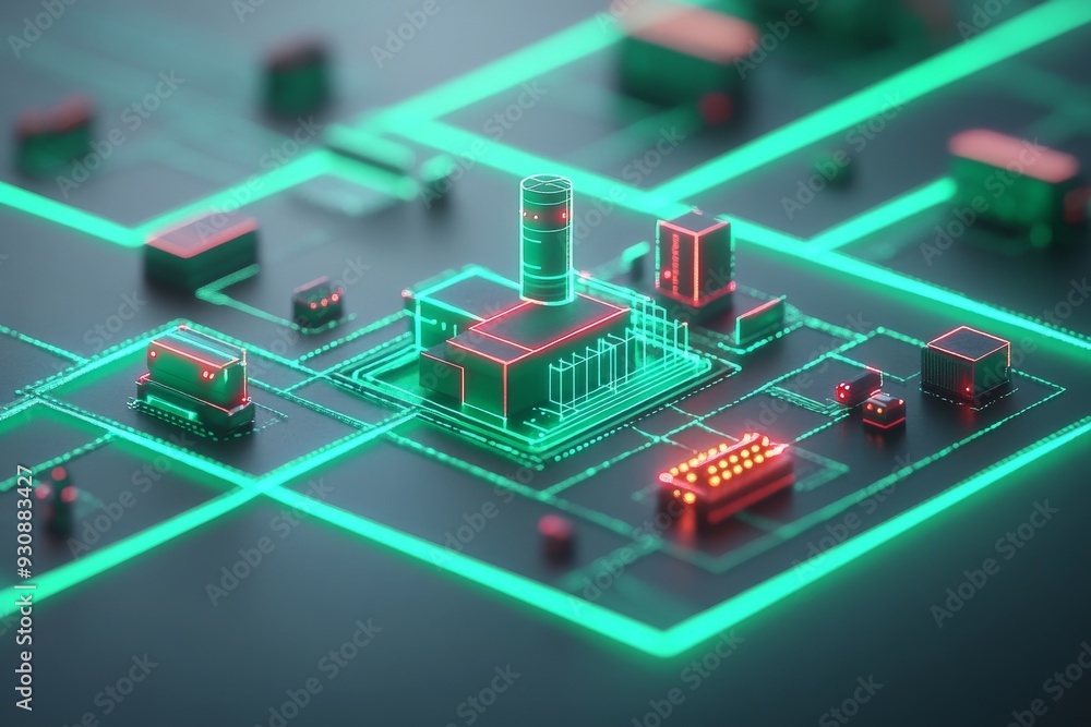 Aufkleber advanced microchip on a green motherboard illuminated by neon lights emphasizing cutting edge electr