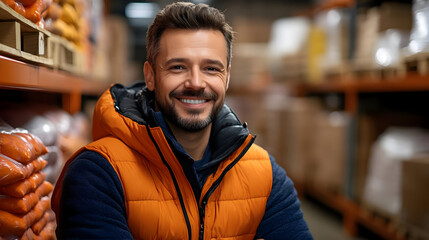 Fototapeta premium Smiling man in orange vest standing in a warehouse.
