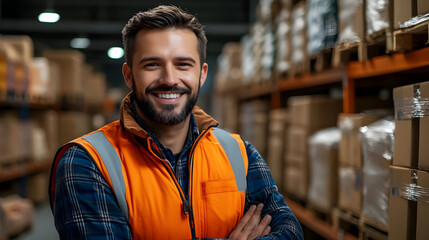 Obraz premium Smiling warehouse worker with arms crossed in front of shelves with cardboard boxes.