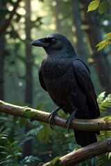 Obraz premium Black birds perch on branches amidst green foliage in a wild forest setting