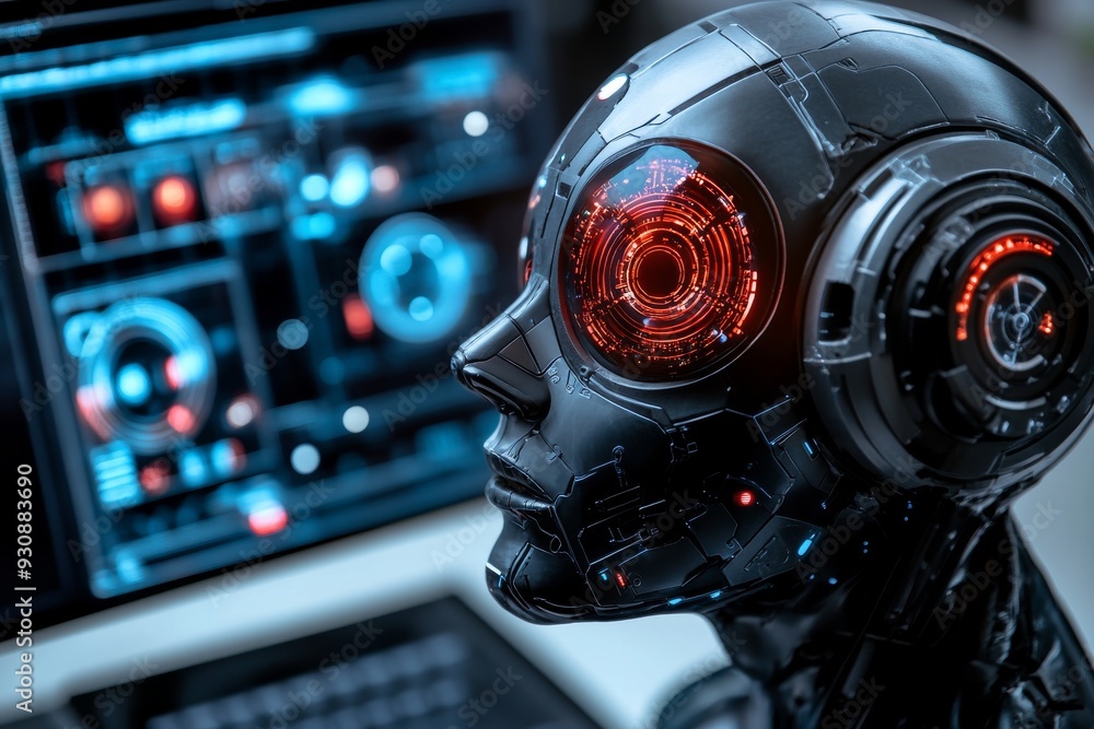Poster futuristic robotic head with red glowing eyes representing the advancement of ai and robotics techno