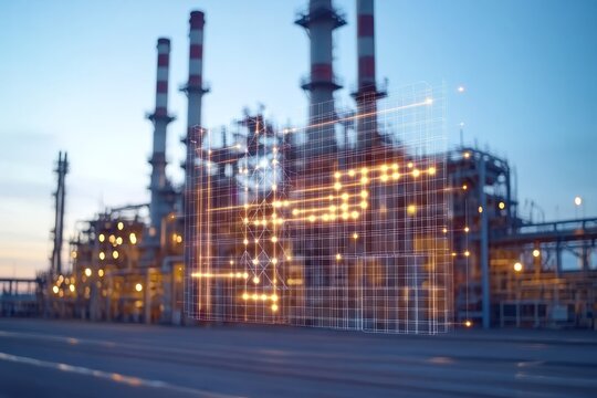 Industrial complex illuminated at dusk showcasing the intricate network of pipes and refineries crucial for energy production