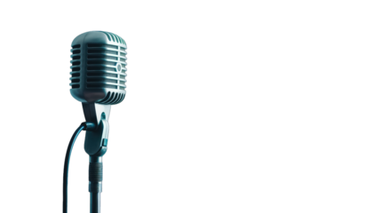 A vintage-inspired microphone mounted on a stand, displayed against a transparent background.