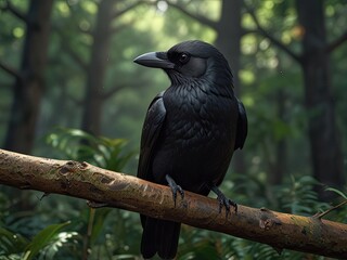 Fototapeta premium Black birds perch on branches amidst green foliage in a wild forest setting