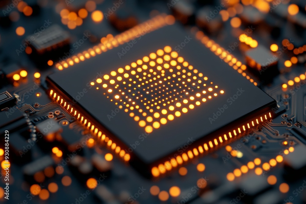 Poster glowing microchip in a dark room symbolizing the pulse of innovation in semiconductor technology