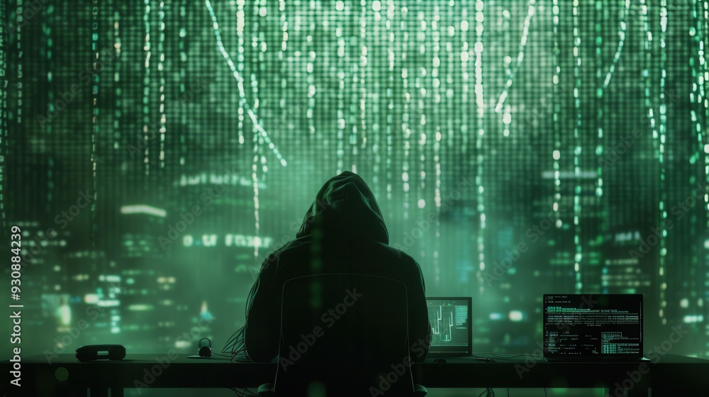 Leinwandbilder a silhouette of a hacker in a hoodie types on a laptop, surrounded by large screens showcasing flowi