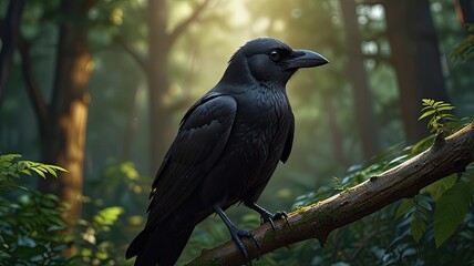 Fototapeta premium Black birds perch on branches amidst green foliage in a wild forest setting