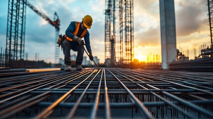 Naklejka premium A construction worker kneeling on a rebar grid during a sunset.