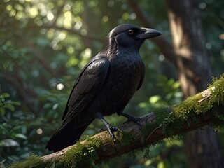 Fototapeta premium Black birds perch on branches amidst green foliage in a wild forest setting